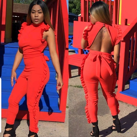 Red Ruffle Jumpsuit - Picture 2 of 4